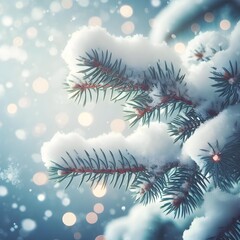 A snow-covered tree branch in winter. Fir branch in snowy cold weather. Background for winter holidays and vacations. snow covered fir twigs in front of a snow winter bokeh