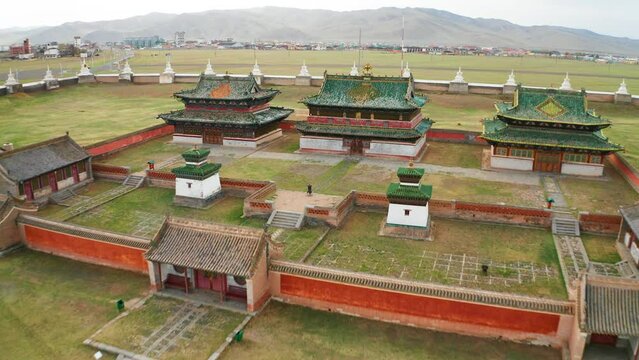 Aerial view of Erdene Zuu monastery. The monastery is affiliated with the Gelug sect of Tibetan Buddhism. Mongolia.05-02-2022