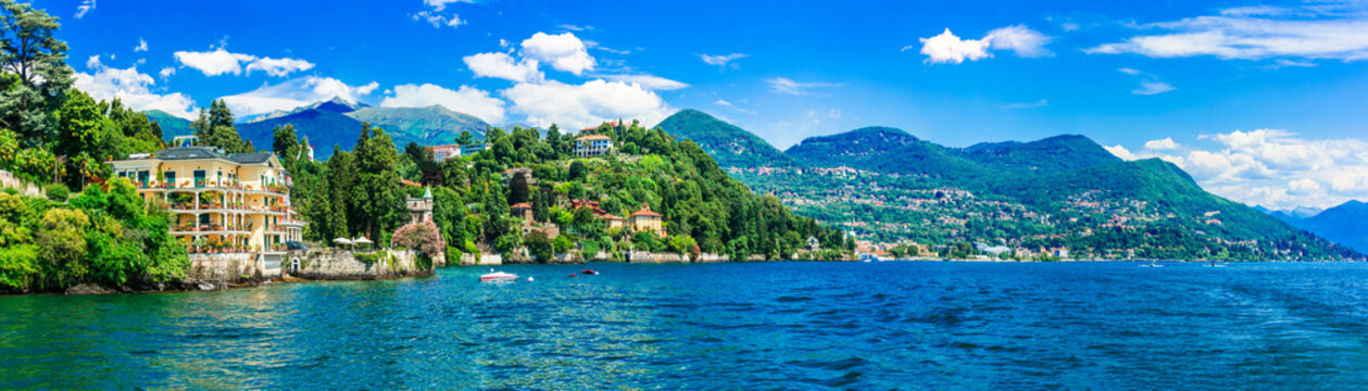 most scenic Italian lakes - Lago Maggiore . panoramic view of beautiful village Verbania. Italy travel destinations