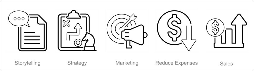 A set of 5 Increase Sale icons as storytelling, strategy, marketing