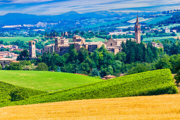 Italy .Scenic countryside and medieval village Castelvetro di Modena in Emilia Romagna region famous for  Lambrusco wine.