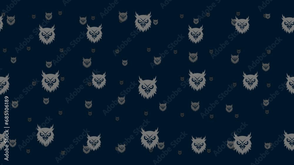 Poster owl head symbols float horizontally from left to right. parallax fly effect. floating symbols are lo