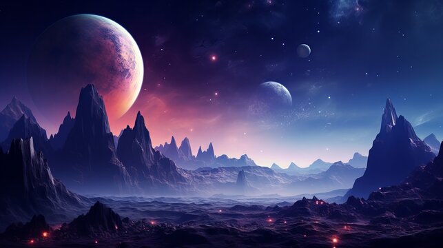 enchanting alien world: cosmic landscape with stars and nebulas, science fiction backdrop