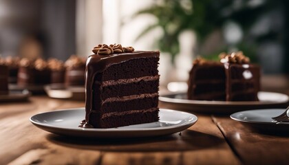 A slice of rich, dark chocolate cake, each layer moist and dense, with a glossy chocolate ganache