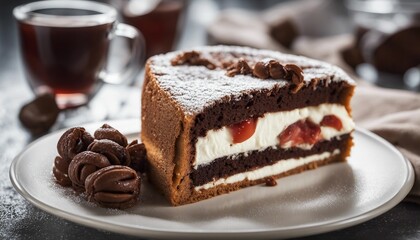 Fototapeta na wymiar A slice of rich, chocolatey torta Caprese, dusted with powdered sugar