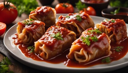 Go Cabbage rolls stuffed with meat and rice, covered in a tomato sauce