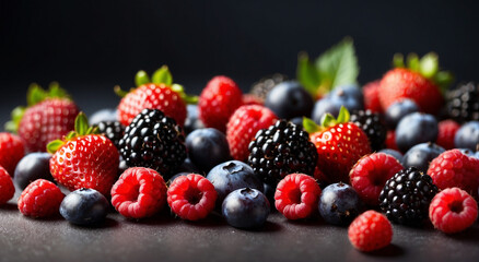 Blueberries, blackberries, raspberries, strawberries advertisement background with space for text at the side - AI Generative