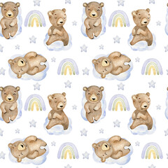 Cute sleeping bears on the cloud. Watercolor seamless pattern. Nursery decor.