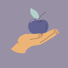 Apple with leaf and stem in hand, action symbol