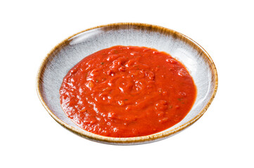 Homemade tomato Passata in rustic plate with herbs Transparent background. Isolated.