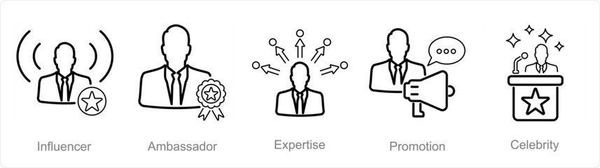 A set of 5 Influencer icons as influencer, ambassador, expertise