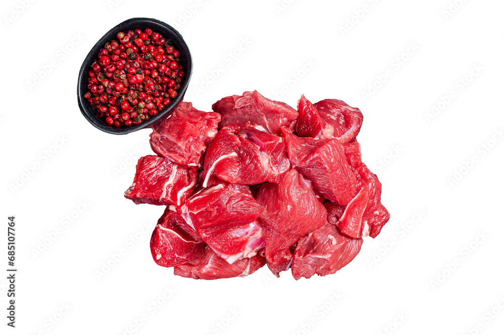 Wall mural raw diced red beef meat for goulash on marble board. transparent background. isolated.