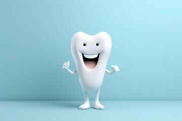 A happy tooth smiling happily on a blue monochrome background.