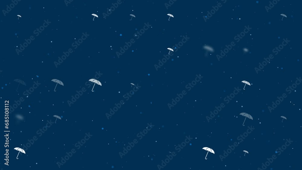 Poster template animation of evenly spaced umbrella symbols of different sizes and opacity. animation of tr