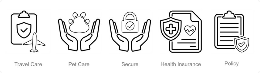 A set of 5 Insurance icons as travel care, pet care, secure
