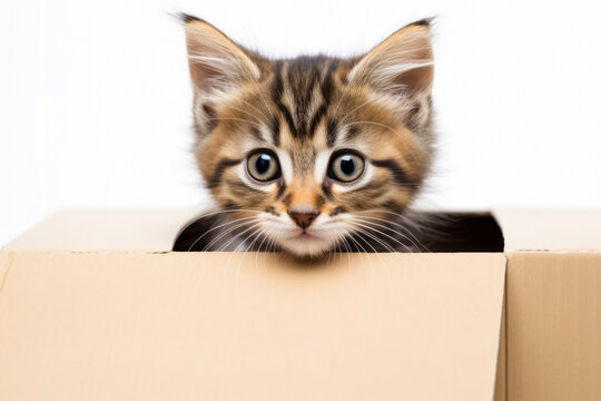 Gatito adorable en una caja de cartón.