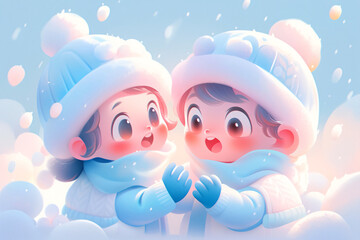 Winter solstice, children having snowball fight outdoors 3D scene concept illustration