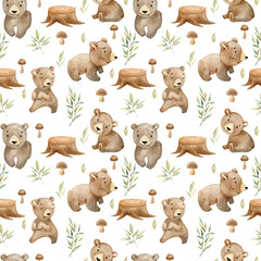Watercolor seamless pattern with cute bears on a white background. Hand drawn illustration for fabric, wrapping paper, etc.