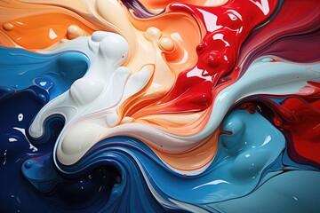 Swirling dance of red, white, and blue hues in a fluid, organic abstract with a silky, marbled texture