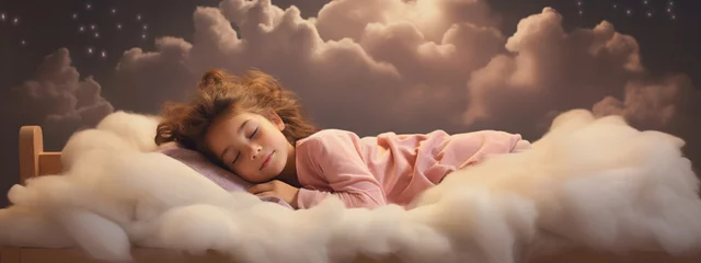 Fotobehang Sleepy cute little baby, baby sleeping on a cloud. Sweet dreams theme.Generative AI © Anna