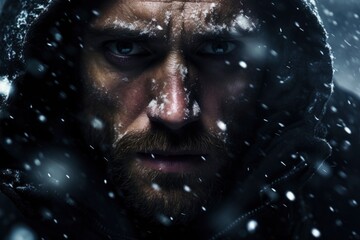 Portrait man in the snow. Generative ai