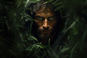 Portrait of a man between leaves. Generative ai