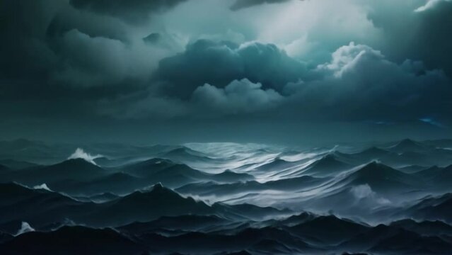 A dark and dramatic ocean scene with waves and clouds during a storm. Wide view of the ocean, with the sky covered with stormy clouds for an epic background in slow motion