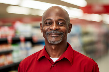 AI generated portrait of joyful salesman cashier serving customers in supermarket