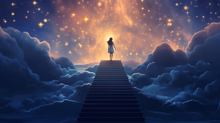 Young woman standing on a fantasy staircase - obrazy, fototapety, plakaty