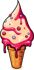 Sweet ice cream melting balls in the waffle cone isolated on background. Vector flat outline icon