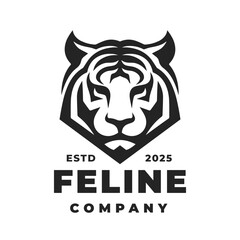 Feline tiger logo template. Wild cat emblem. Angry animal head brand design. Vector illustration.