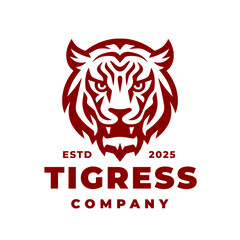 Tigress tiger logo template. Wild cat emblem. Angry animal head brand design. Vector illustration.