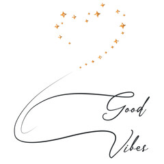 decorative good vibes slogan with heart made of golden stars on white background, vector design with line transforming into stars