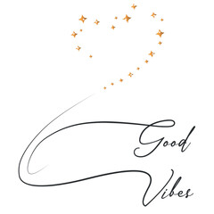 decorative good vibes slogan with heart made of golden stars on white background, vector design with line transforming into stars