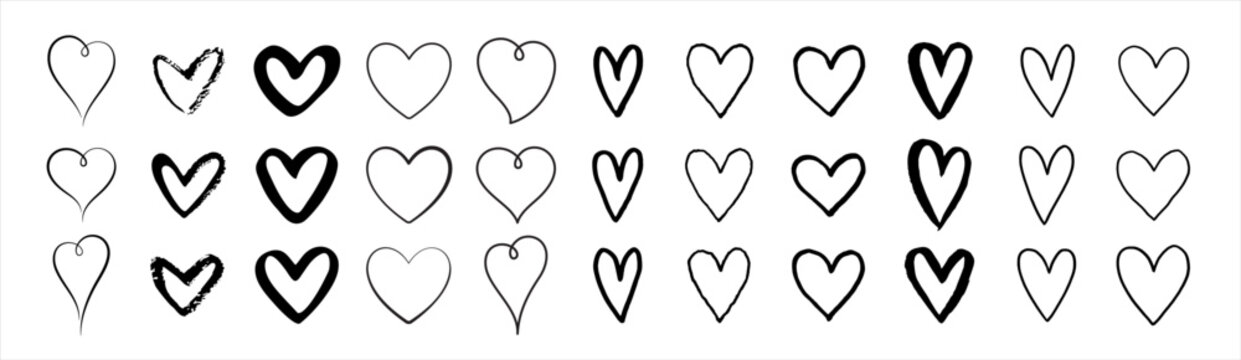 Hand drawn linear hearts set. Various brush, chalk, marker, ink drawn heart shapes. Artistic lines, outlines. Valentine's day uneven, textured edge doodle templates. Graphic design elements collection