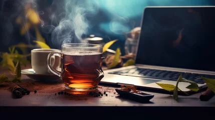 Sierkussen cup mug tea drink workstation illustration morning background, coffee beverage, indoors design cup mug tea drink workstation © vectorwin