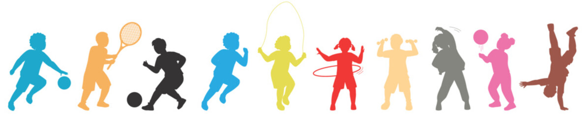 Happy sports children playing games colorful silhouette isolated set - obrazy, fototapety, plakaty