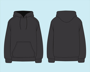 Hoodie technical fashion illustration. hoodie vector template illustration. front and back view. oversized.  unisex. CAD mockup.