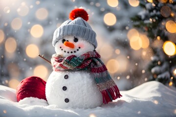 Obraz premium Smiling snowman. The winter background is adorned with shimmering gold confetti, adding a touch of elegance to this playful New Year mockup.