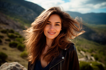 an happy European woman in her 30s. montain background