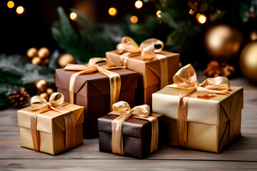 Fondo de Navidad y año nuevo.Cajas de regalos con lazos dorados y fondo de árbol de Navidad y luces.