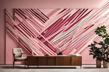 "Design an abstract modern masterpiece with a pink background adorned by diagonal papercut lines. 