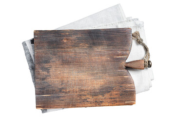Directly Above view Of Cutting Board On dark Wooden Table.  Transparent background. Isolated.
