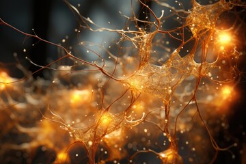 A close-up of golden, luminous neural or fungal networks with glowing orbs and particles against a dark backdrop - obrazy, fototapety, plakaty