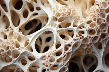 Organic of coral-like structures with porous textures and curling orange accents on a cream backdrop
