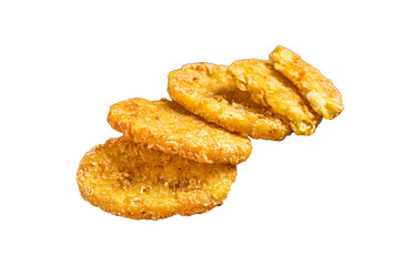 Hash brown potato, Potato Patties on a wooden board with ketchup.  Transparent background. Isolated.