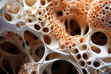 Close up organic of coral-like structures with porous textures and curling orange accents on a cream backdrop