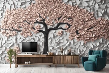 Immerse yourself in the artistic beauty of a 3D wallpaper featuring a tree painting in a vibrant wall relief. 
