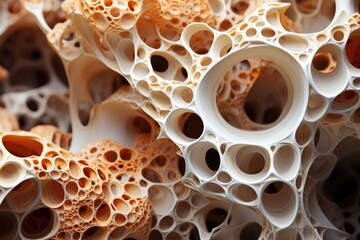 Close up organic of coral-like structures with porous textures and curling orange accents on a cream backdrop