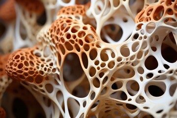 Close up organic of coral-like structures with porous textures and curling orange accents on a...